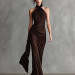 Women's Dark Brown Stretch Dress With Twisted Neckline & Maxi Length, Modern Bold-Elegant Style Dress