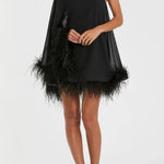 Black One Shoulder Trapeze Dress with Feather Trim