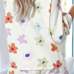 White Floral Print Henley Top & Drawstring Shorts Loungewear Set