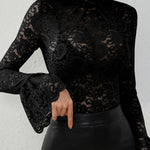 High-neck lace flared sleeves see-through top