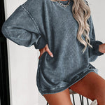 Solid Ribbed Round Neck Pullover Sweatshirt