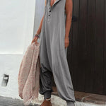 Hooded Loose Buttoned Solid Color V-neck Jumpsuits