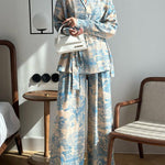 Long Sleeves Buttoned Printed Tied Waist Notched Collar Shirts Top + High Waisted Pants Bottom Two Pieces Set