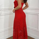 Libby Crochet Knit Oversized Flower Design Halter Texture Maxi Dress