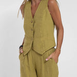 Women Casual Linen Waistcoat Two Set Suits