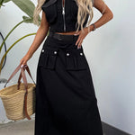 Athleisure Zipper Pocket Sleeveless Jacket and Belted Cargo Midi Skirt Set
