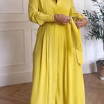 A-Line Long Sleeves Buttoned Pleated Pockets Solid Color Tied Waist V-Neck Maxi Dresses