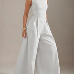 Sleeveless Wide Leg Pleated Solid Color Split-Joint Zipper Round-Neck Jumpsuits
