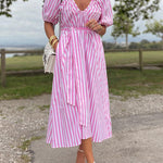 Striped Bud Sleeve V-Neck Belted Waist Dress
