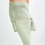Marisol Ribbed Boucle Material Draped Off Shoulder Stretch Vacation Maxi Dress