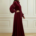 A-Line Long Sleeves Bow-Embellished Pleated Solid Color Split-Joint High Neck Maxi Dresses