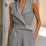 Sleeveless Belted Pockets Solid Color V-Neck Rompers