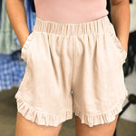Elastic Waist Wide Leg Ruffle Cotton Linen Shorts
