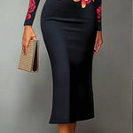 Bodycon Long Sleeves Flower Print High Neck Midi Dresses