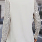 White Sequins Sleeves Patchwork V Neck Blouse