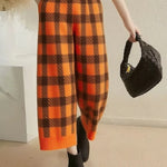 Wide Leg Contrast Color Plaid Pockets Pants