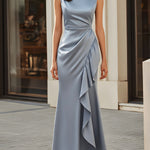 Asymmetric Draped Satin Flowing Maxi Dress