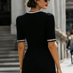 Elegant Ribbed Knit Mini Dress With Silver Trim And Gold Button Details