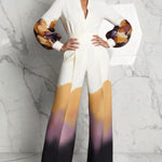 Long Sleeves Puff Sleeves Abstract Printed Contrast Color Split-Joint Stand Collar Blouses&Shirts Tops