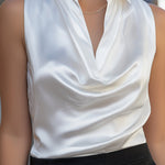 White Draped Sleeveless Blouse & Black Satin Skirt Two-Piece Set
