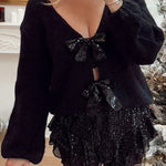 Misty Starlight Tie Front Sequin Bow Loose Sweater