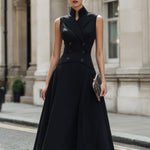 Tailored Sleeveless Double-Breasted Vest Midi Dress