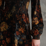 Retro Floral Print Pleated Waist Velvet Mini Dress