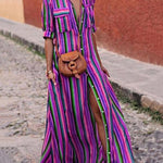 Long Sleeves Loose Split-Joint Striped Lapel Maxi Dresses Shirt Dress