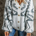 Light Grey Geometric Pattern Ribbed Trim Button Up Cardigan