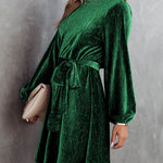 Green Crinkle Velvet Tie Waist Puff Sleeve Mini Dress