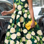 A-Line High Waisted Flower Print Pleated Round-Neck Midi Dresses