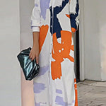 Loose Wrap Buttoned Contrast Color Pockets Printed Split-Side Shirt Dress