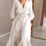 High-Low Puff Sleeves Pleated Solid Color Lapel Collar Maxi Dresses