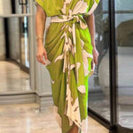V-Neck Pleated Belt Short Sleeve Dress