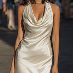 Luxurious Satin Cowl Neck Halter Mini Dress