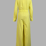High Waisted Long Sleeves Buttoned Pockets Solid Color V-Neck Jumpsuits