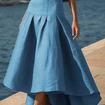 High Waisted High-Low Belted Pleated Solid Color Skirts Bottoms