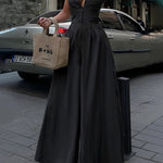 High Waisted Loose Pockets Solid Color Zipper V-Neck Jumpsuits
