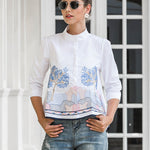 Casual Three-Quarter Sleeves Loose Embroidered Stand Collar Blouses&Shirts Tops