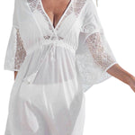 White Lace Patch Kimono Sleeve Tassel Drawstring Beach Cover Up