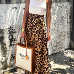 Today’s Journey Satin Leopard Tie Front Elastic Waist Midi Skirt