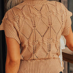 Light French Beige Hollowed Knit Scalloped Trim High Neck Sweater