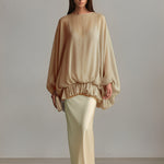 Women's Champagne & Pale Yellow Set With Sheer Oversized Blouse & Satin Maxi Skirt, Timeless Luxe-Effortless Style Set