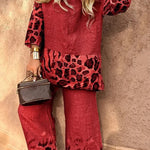 Leopard Print Crew Neck Loose Top and Elastic Waist Casual Wide-leg Pants Set