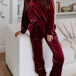 Red Solid Velvet Round Neck Top & Drawstring Pants Longe Set