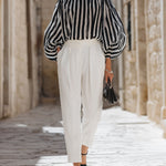 Chic Off-the-Shoulder Striped Blouse & High-Waisted Tailored Trousers Set
