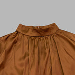 Long Sleeves Loose Pleated Shiny Solid Color Split-Joint Tied Waist High Neck Evening Dresses Maxi Dresses