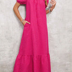 Women's Puff Sleeve Square Neck Check Maxi Dress