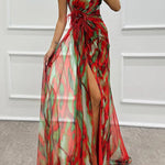 Amazing Views Watercolor Print Feather Rose Detail Off Shoulder Pleated Slit Maxi Dress