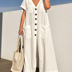 Loose Short Sleeves Buttoned Pockets Solid Color V-Neck Jumpsuits